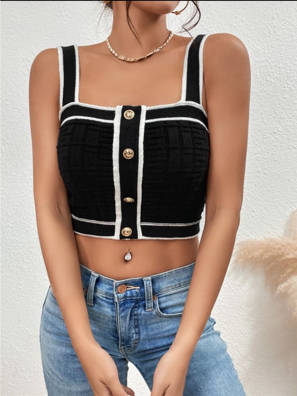 SHEIN Black Crop Tank with White Trim and Gold Buttons